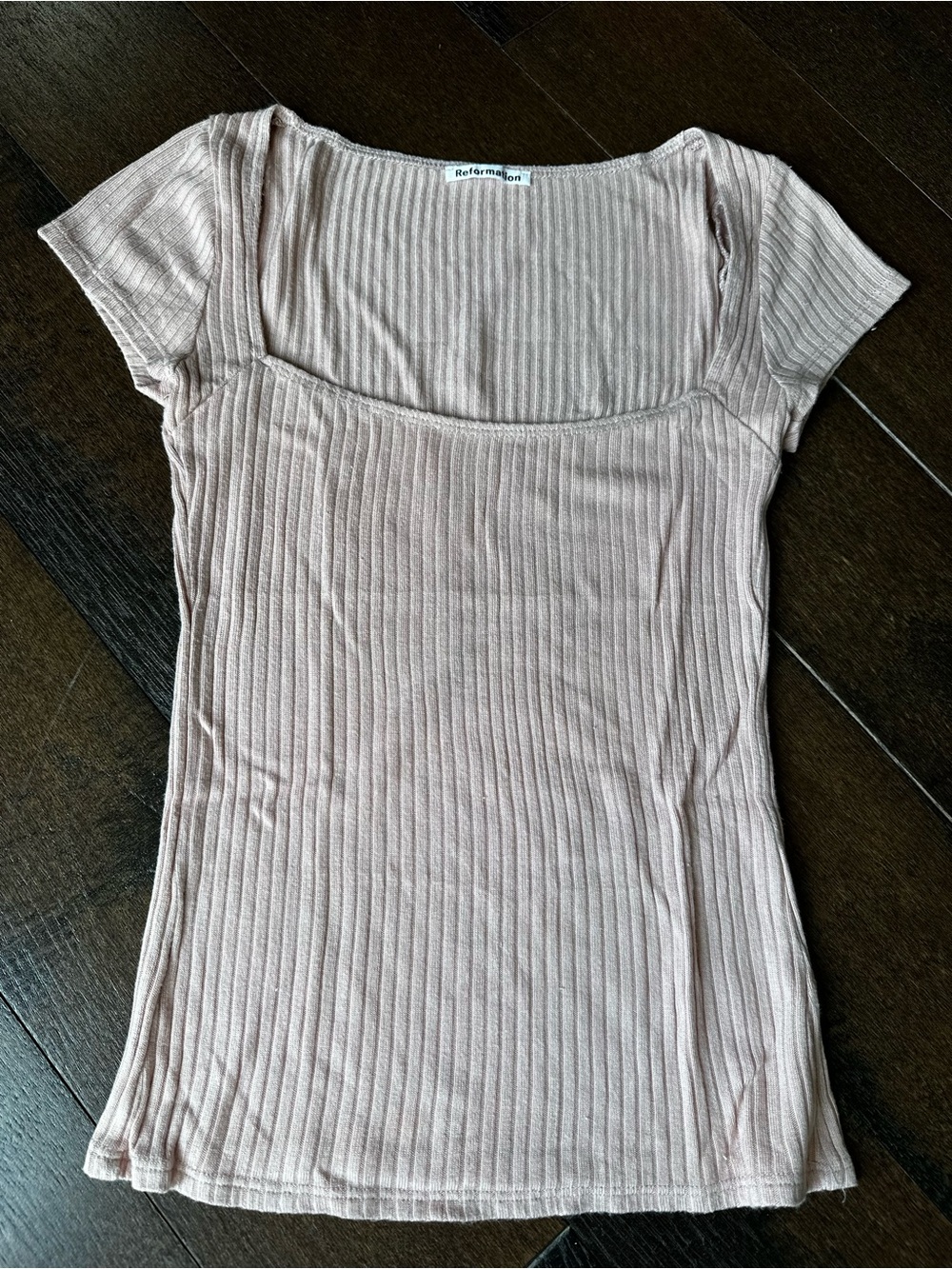 Reformation Bardot Knit Pink Ribbed Square Neck Short Sleeve Shirt Womens Sz XS